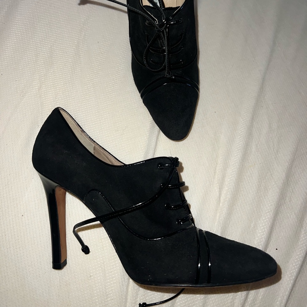Manolo Blahnik Suede heel loafer booties vinyl patent leather laces and accents